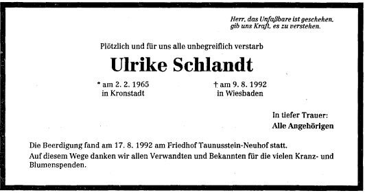 Schlandt Ulrike 1965-1992 Todesanzeige